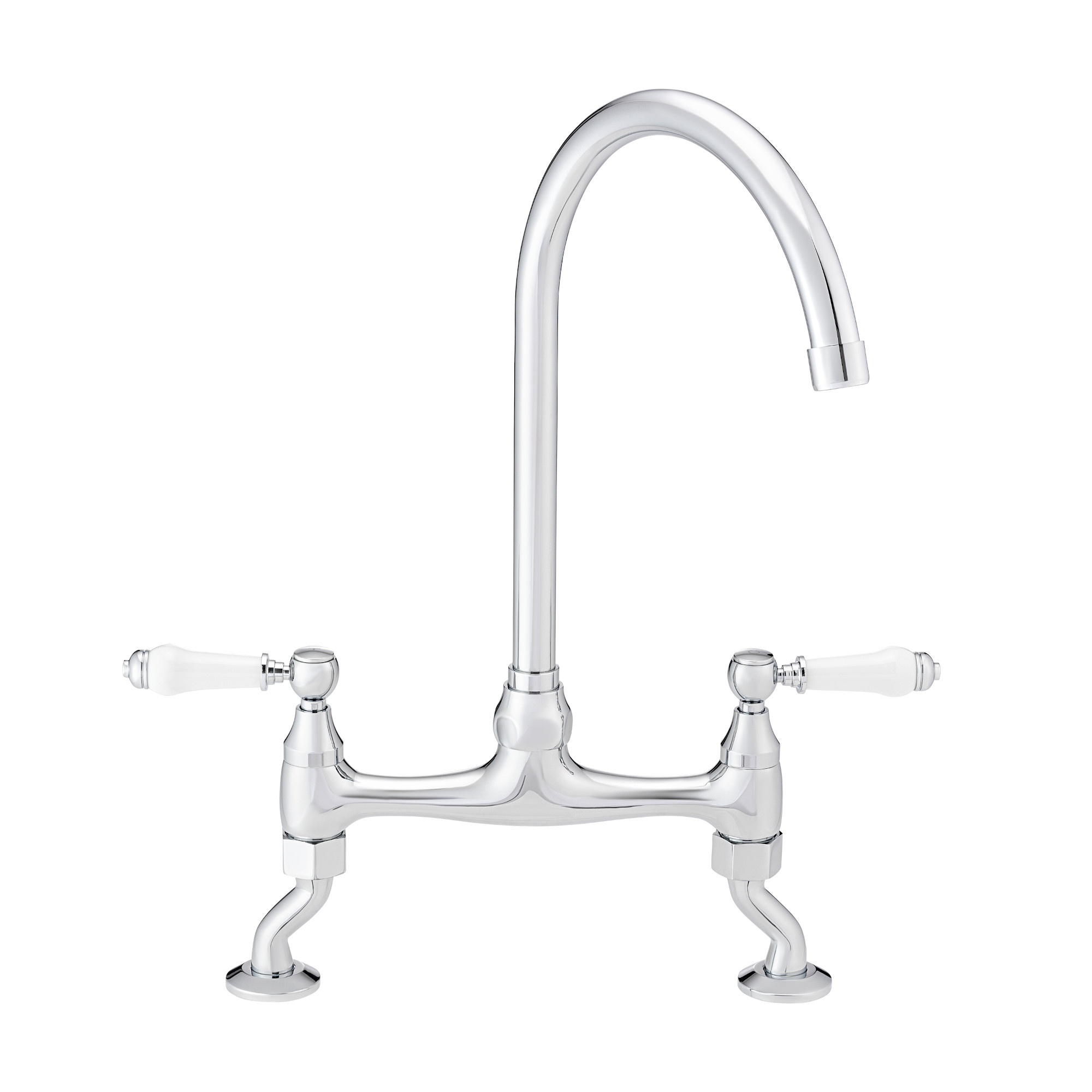 ENKI, Astbury, KT099, Deck Mounted Chrome, Kitchen Sink Mixer Tap, Featuring a Swivel Swan Neck Spout and Quarter Turn Ceramic White Levers, Solid Brass Construction, Traditional Design image